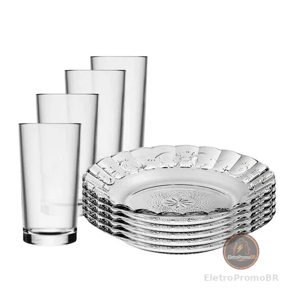 Conjunto Jantar 12 Peças Vidro Transparente Alto Relevo: 6 Pratos e 6 Copos Elegantes