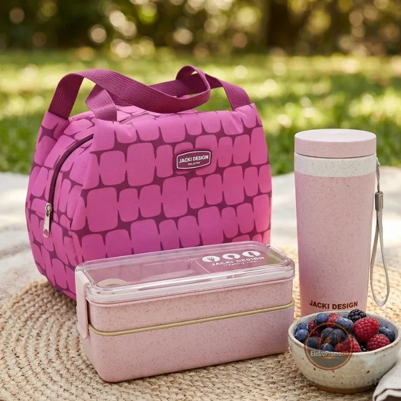 Kit Fitness |Bolsa termica + Garrafa + Marmita Lunch Box + Talher BPA Free 30% trigo | Jacki Design