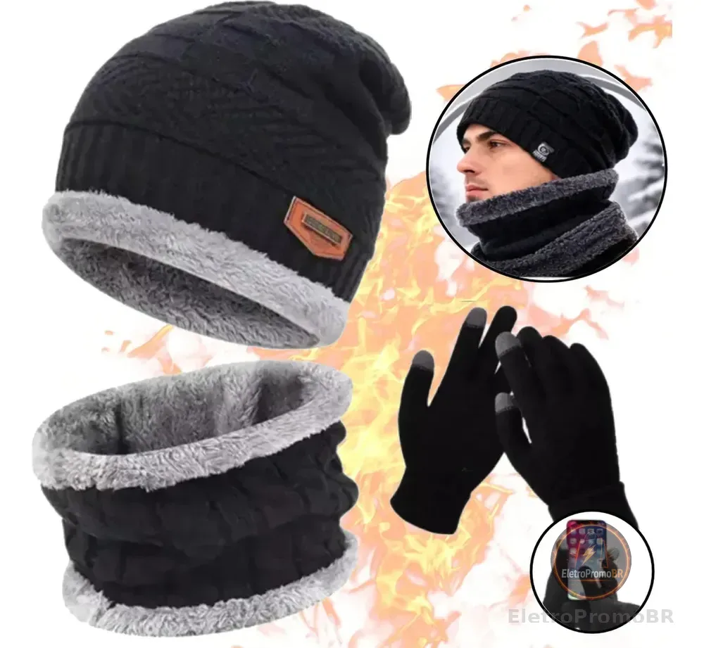 Kit Frio Touca Gorro + Luva Touch Celular + Cachecol Echarpe Preto Único