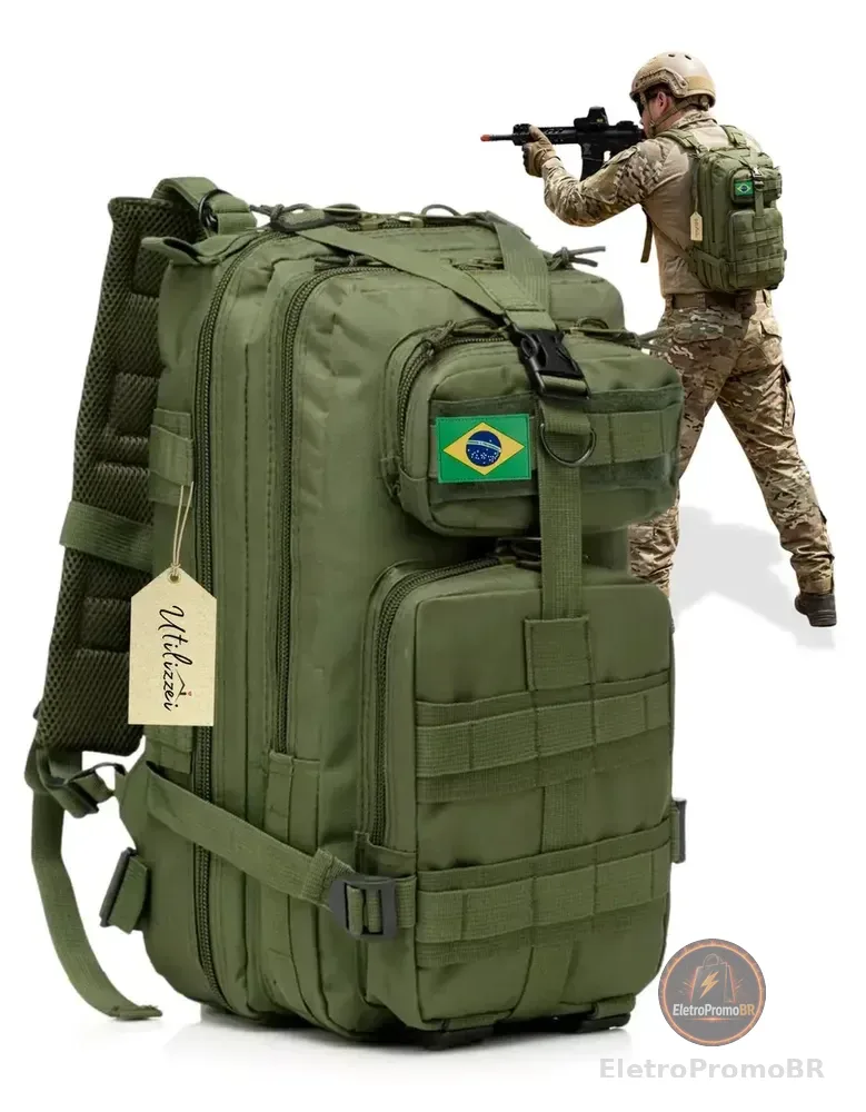 Mochila Tática Militar Bolsa Resistente 30 Litros Super Reforçada Impermeável Bandeira Brasil Brinde Utilizzei