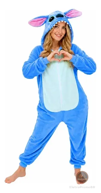 Pijama Macacão Kigurumi Stitch Feminino Adulto Plush Zíper