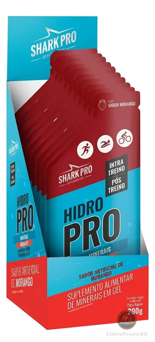 Shark Pro Shark-Up Hidro Pro Display 10 Sachês de 20g Gel com Eletrólitos Sabor Morango Silvestre Sódio 225mg Potássio 210mg Cloreto Reposição Eletrolítica Zero Cafeína Sem Açúcar Sem Glúten Suplemento Alimentar