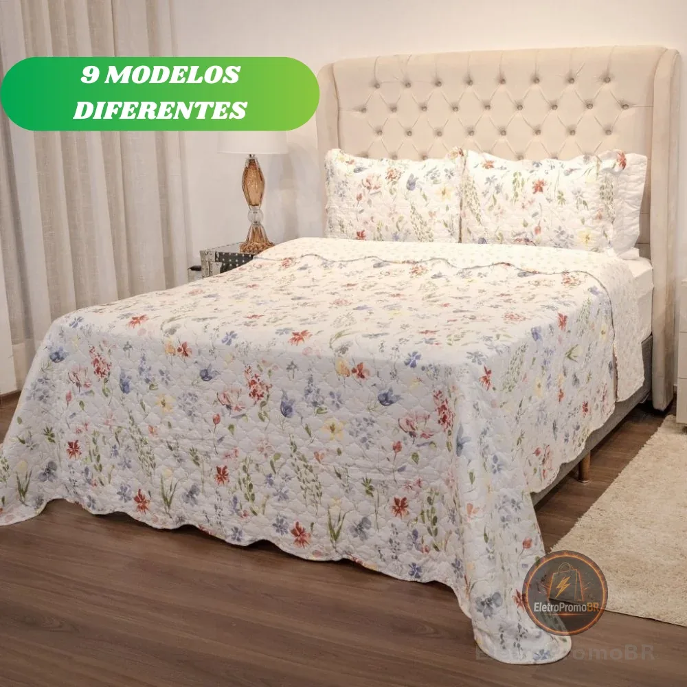 Kit Colcha Cobre Leito Casal Queen King 3 Peças Estampada Florida Matelado Boutis Percal Cama Box