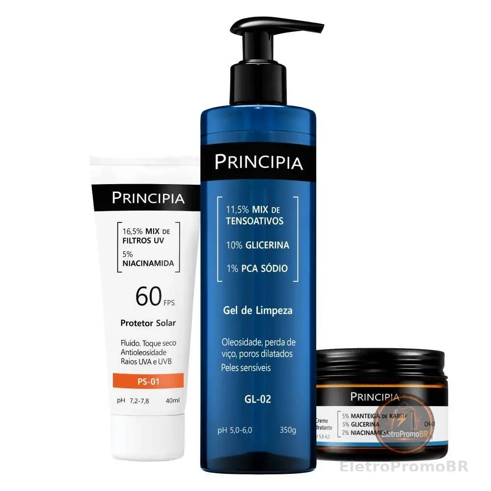 Principia Kit Completo Peles Sensíveis c/ Gel de Limpeza GL-02 + Creme Hidratante CH-01 + Protetor Solar PS-01 FPS 60