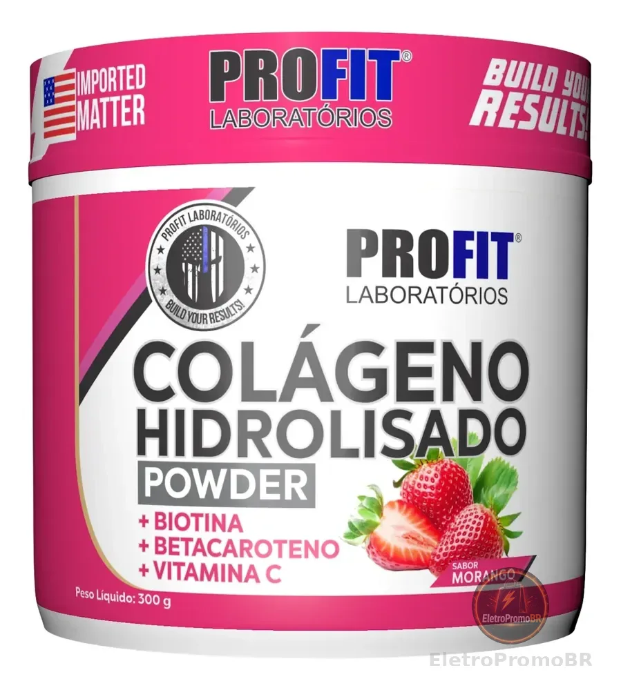 Colágeno Hidrolizado 300g Sabor Morango Suplemento Profit Morango