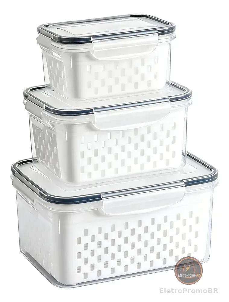 Kit 3 Organizadores Geladeira Alimentos Vegetais Com Tampas Branco
