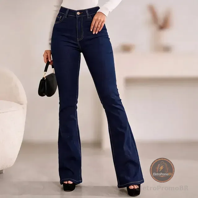 Calça Jeans Flare Feminina Cintura Alta Com Elastano