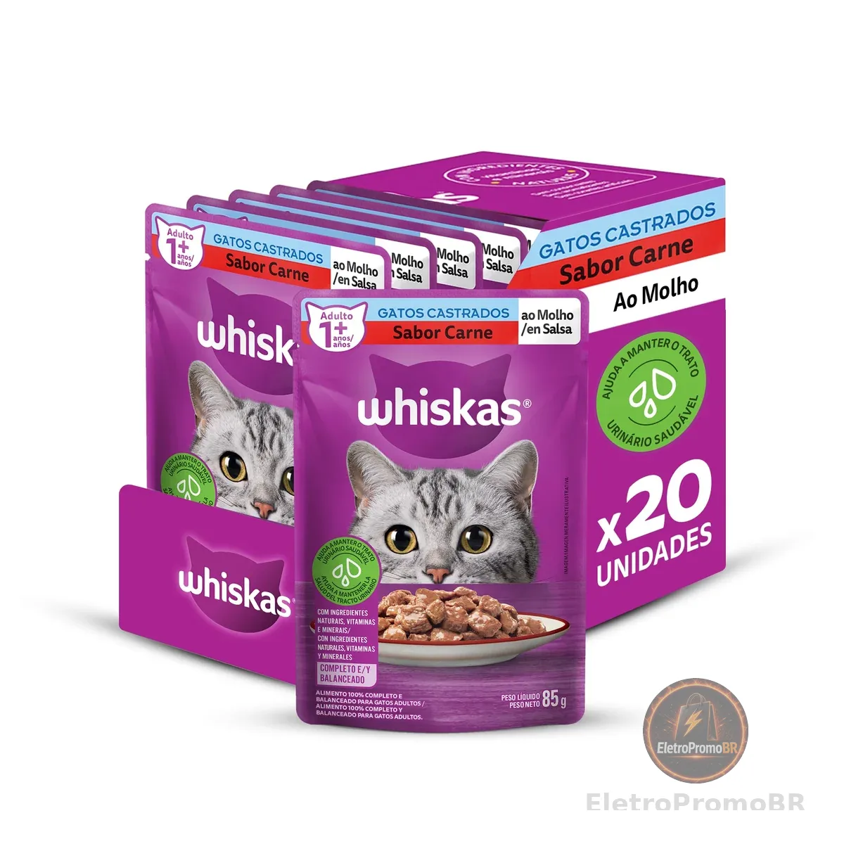 Pack Ração Úmida Whiskas Sachê Carne ao Molho para Gatos Adultos Castrados 85 g - 20 unidades