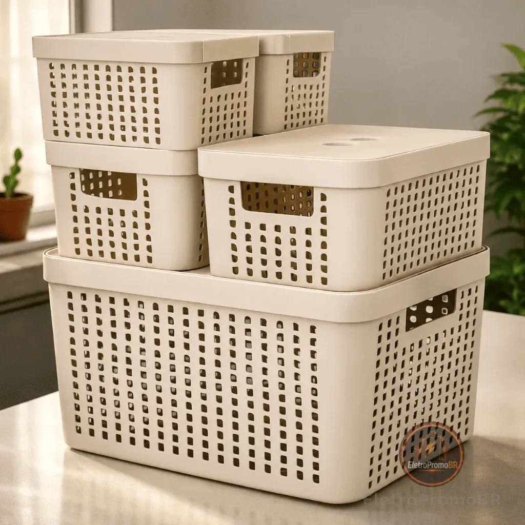 Kit 5 Caixas Organizadoras com Tampa Cesto Grande de Plástico 2 Litros 4,5 Litros 17 Litros