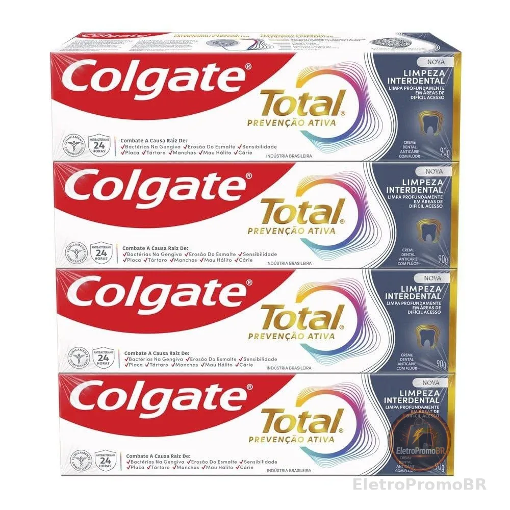 Colgate Total Creme Dental Limpeza Interdental, Prevenção Ativa, 4 Unidades de 90g Cada