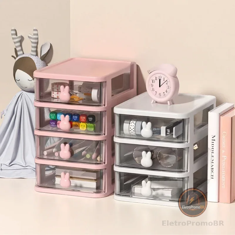 Organizador com Coelhos Fofos-Gaveta para Maquiagem,Bijuterias e Pequenos Objetos|Estilo Minimalista