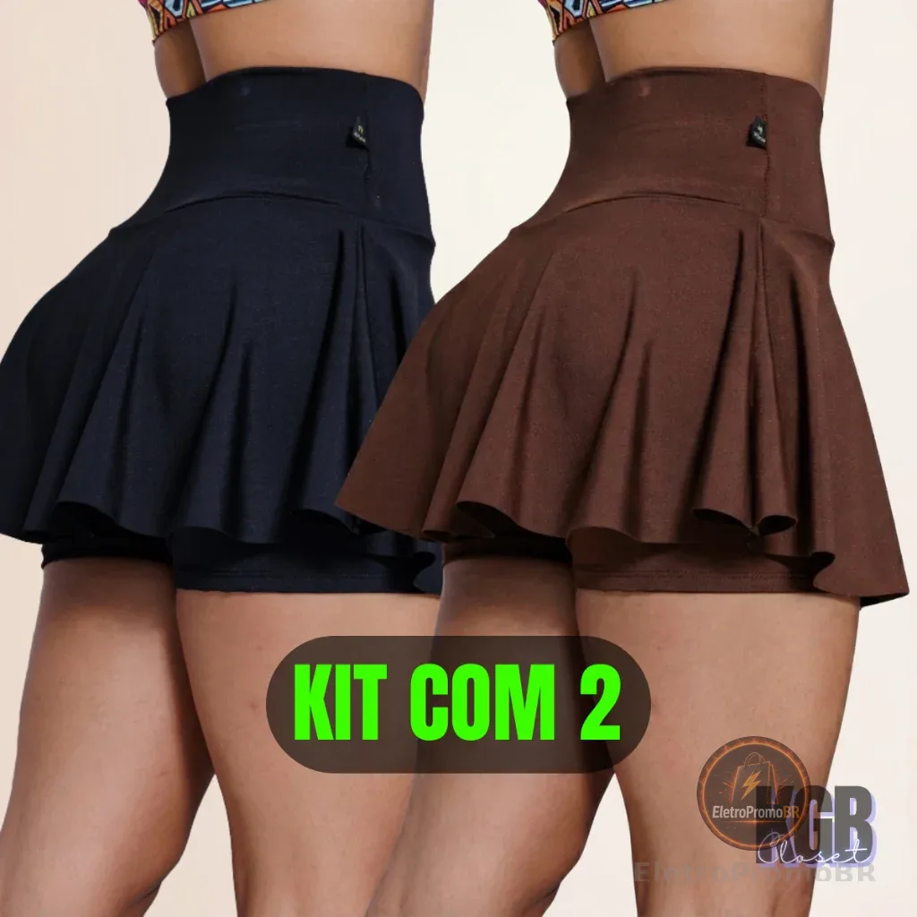 KIT Short Saia Academia Fitness Cintura Alta tapa Bumbum Bailarina Rodado Suplex Premium