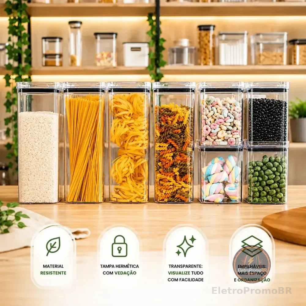 Kit 8 Potes Herméticos Mantimentos Quadrado Cozinha Tampa Vedação Hermética Amobox