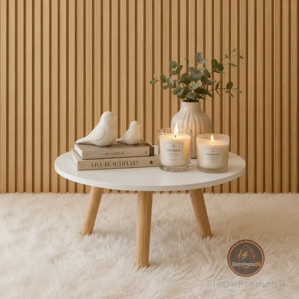 Mesa De Centro Redonda Compacta Branca Mdf Pés De Pinus Branco