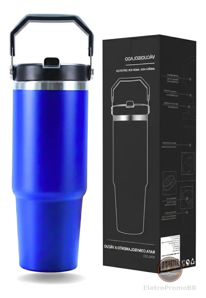 Garrafa Copo Térmico Inox Sport Carro Água 900ml Canudo Alça Azul