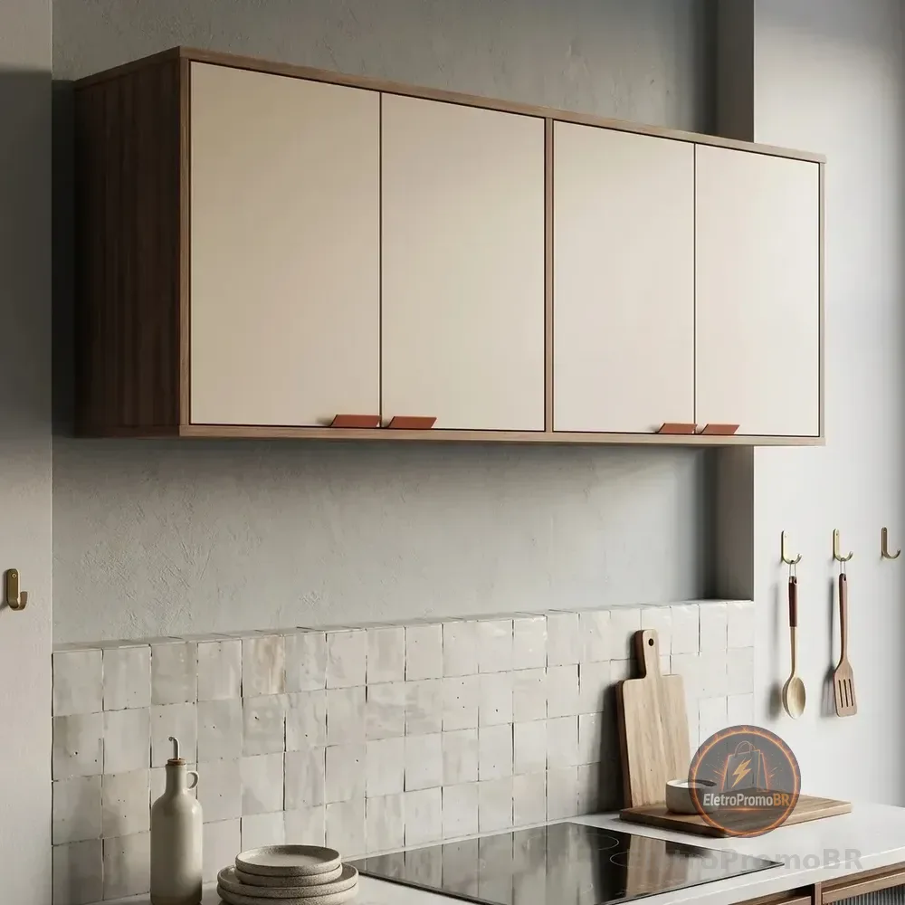 Armário Suspenso Aéreo Para Cozinha 4 Portas Off White - Design Nórdico Funcional, Compacto E Moderno, Estilo Industrial Com Amplo Espaço Interno - Modelo Capuleto
