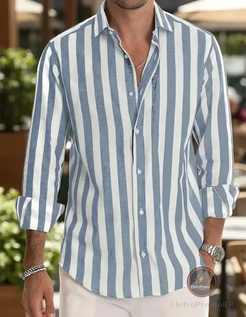 Camisa Masculina De Manga Comprida Com Botões E Listrada