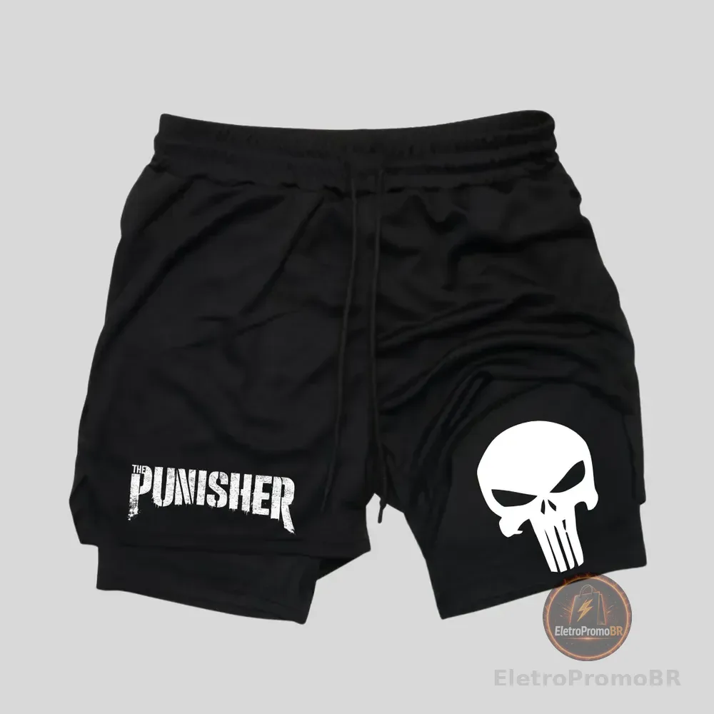 Short Dry-fit Compressão 2 Em 1 Academia Punisher Justiceiro Preto Gg