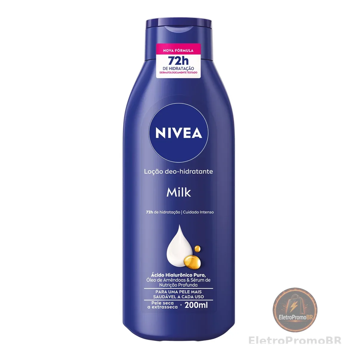 NIVEA Loção Deo-Hidratante Milk 200ml, Hidratação Profunda 72h, Corporal, Hialurônico Puro, Pele Seca e Extrasseca