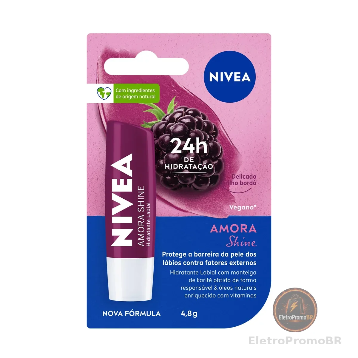 NIVEA Hidratante Labial Amora Shine 4,8g, Hidratação Intensa 24h, Cor Suave, Brilho Delicado, Cuidado Diário, Manteiga de Karité