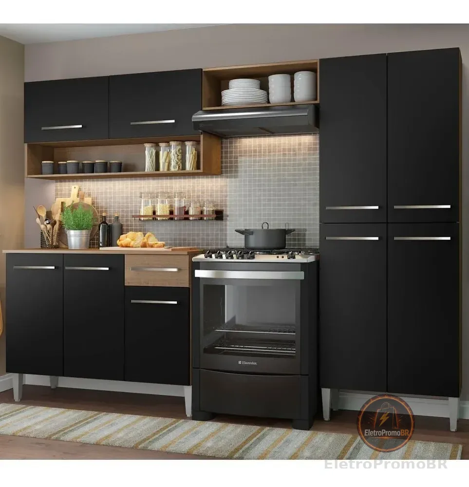 Armário de cozinha modulada completa compacta Emilly pop com armário e balcão cor rustic/preto GREM229002