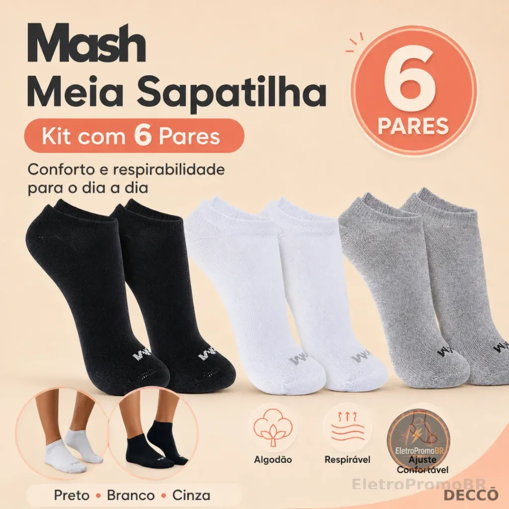 Kit Com 6 Pares de Meias Sport Mash Cano Curto em Algodao Unissex Para Corrida Caminhada