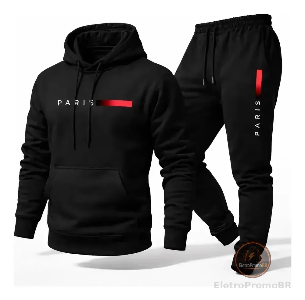 Conjunto Moletom Canguru Com Capuz E Calça Jogger Paris G Preto
