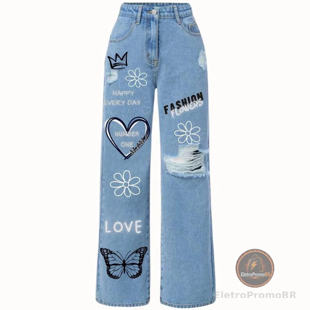 Calça jeans wide leg  com desenho estilo pantalona infantil juvenil 10 aos 16