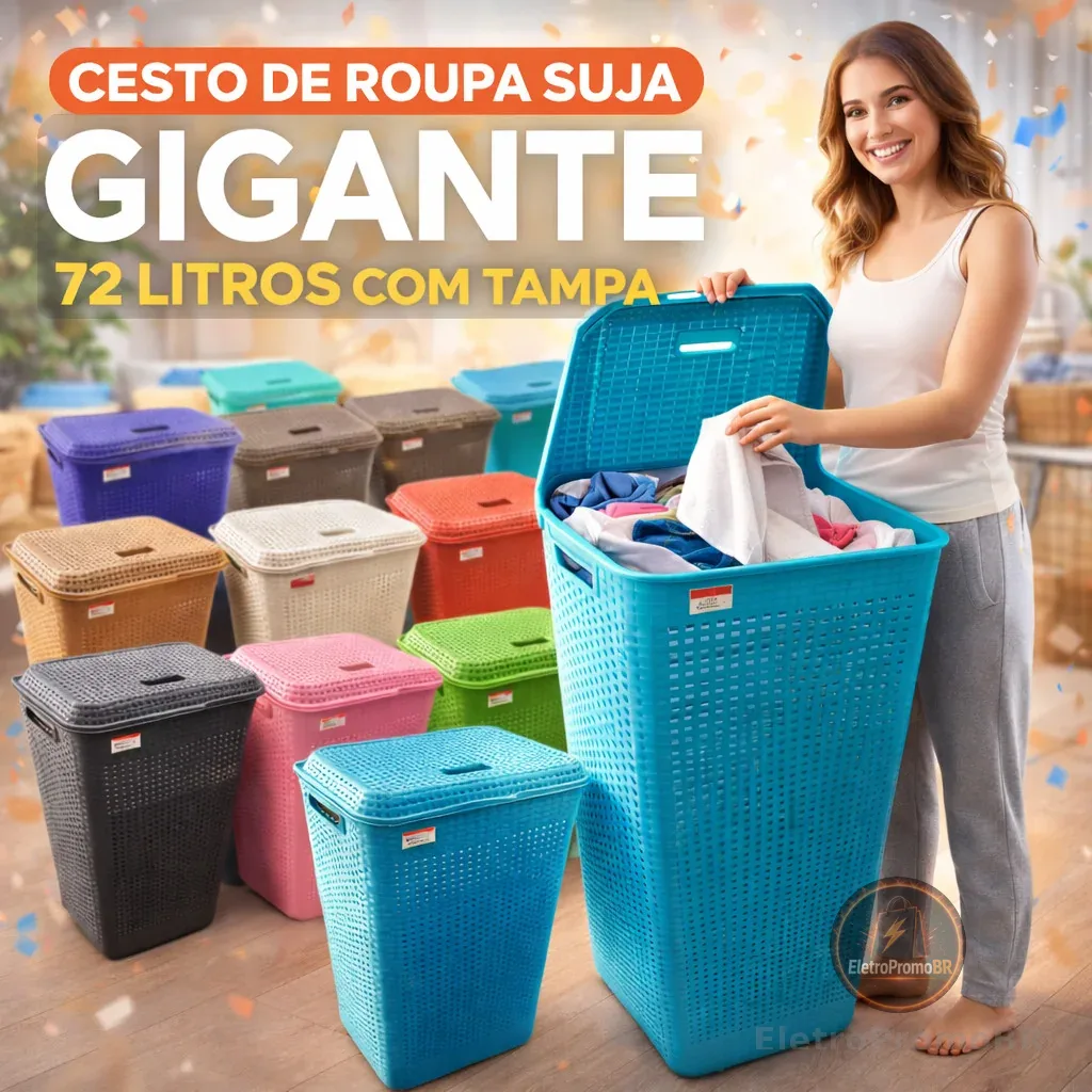 Cesto de Roupa Suja com Tampa 72L Grande Plástico Resistente para Lavanderia Banheiro Família