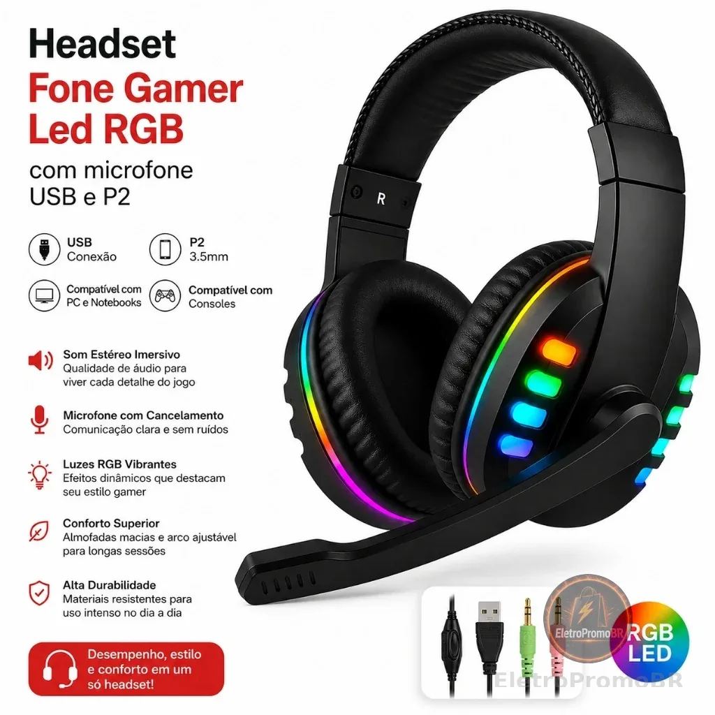 Headset Fone Gamer Led RGB com microfone USB e P2 Para PC Computador Headphone Videogame