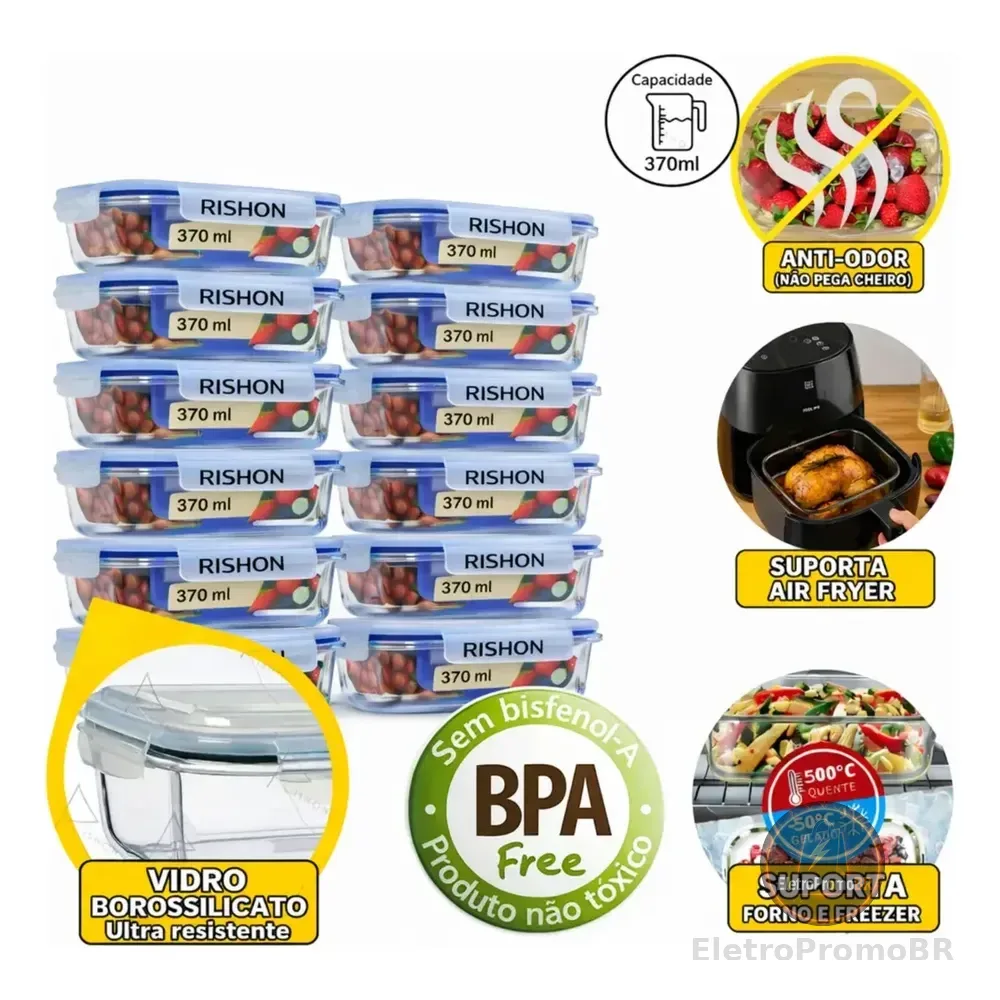 Kit 10 Pote De Vidro Marmita Hermético 370ml Freezer Fitness Rishon Transparente