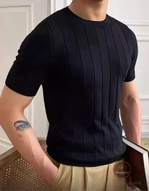 Camiseta Masculina Básica Canelada Manga Curta Tricot Modal