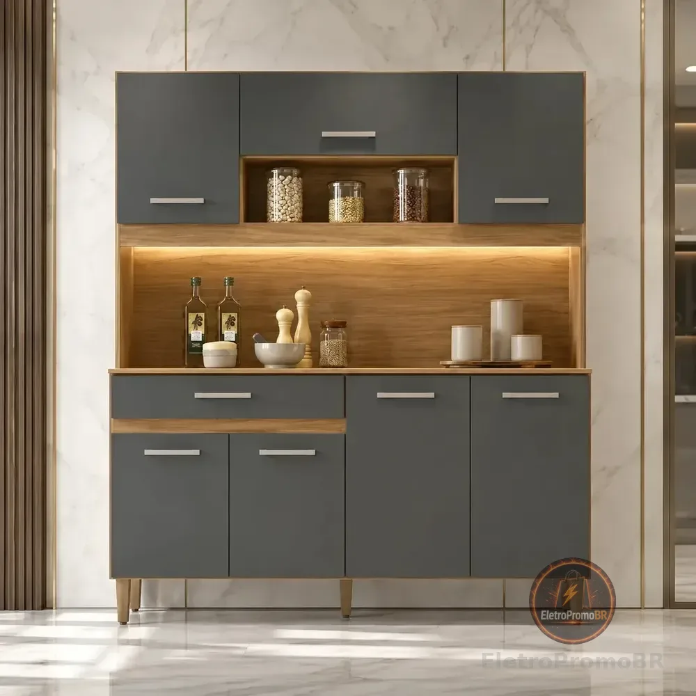 Kit Armário Gabinete Cozinha 7 Portas E 1 Gaveta Organizador Magazine Design Moderno Organizador Cor Freijó Chumbo