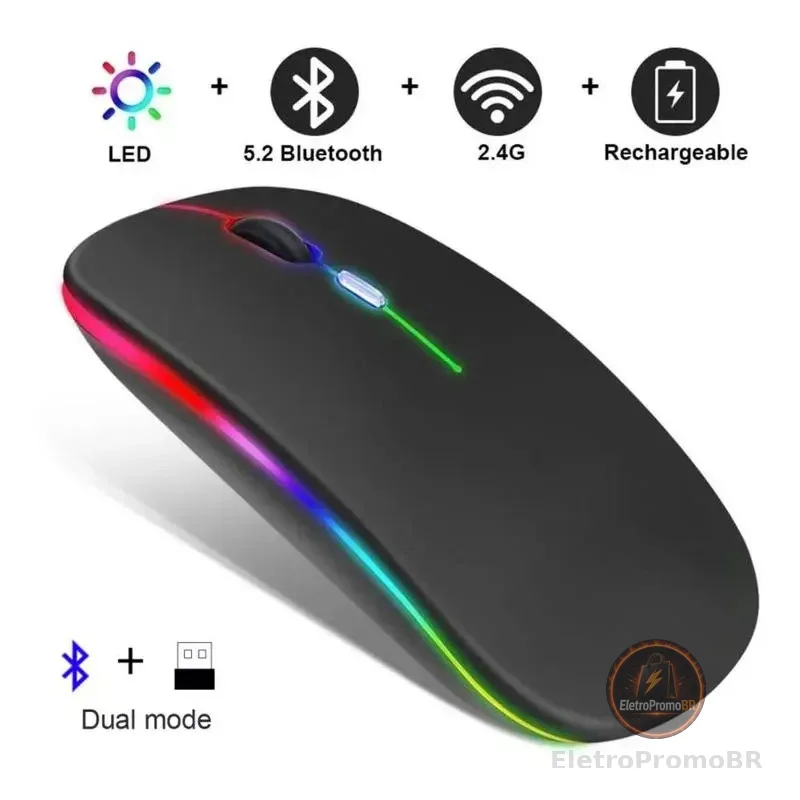 Mouse sem fio dual band receptor nano 2,4ghz / Bluetooth RGB recarregável MS-S350L