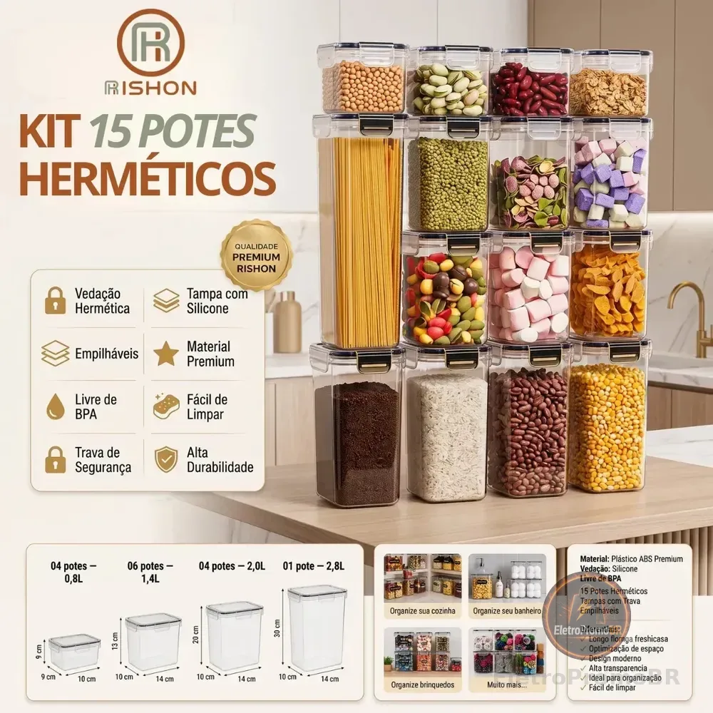 Kit 15 Potes Hermético Cadencia Mantimentos Quadrado Cozinha Branco Rishon 22,4 Litros