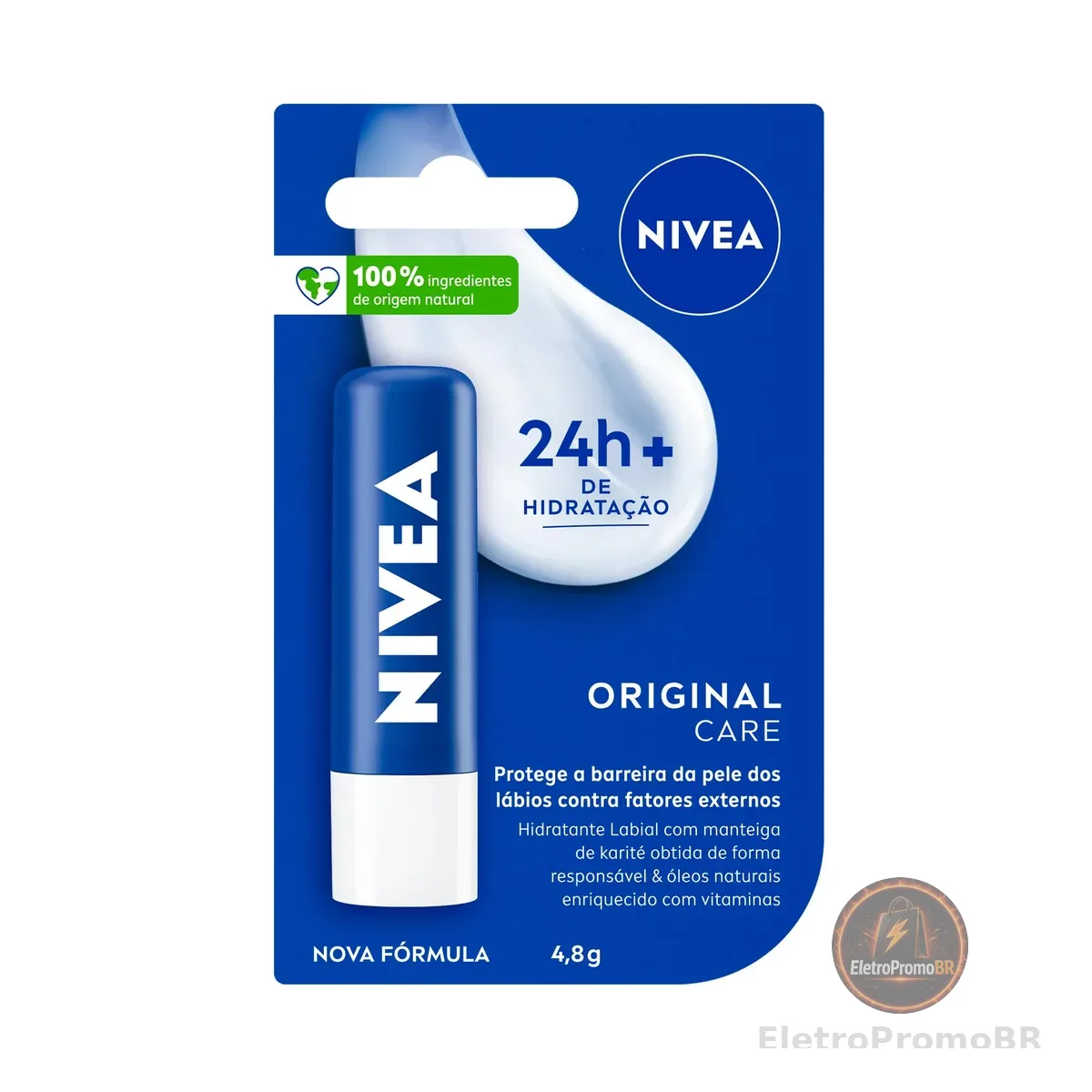 NIVEA Hidratante Labial Original Care 4,8g, Hidratação Intensa 24h, Protege contra Ressecamento, Cuidado Diário, Manteiga de Karité