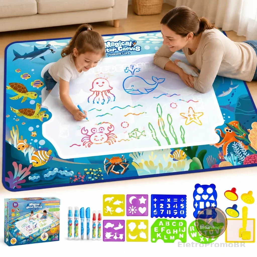 Tapete de Água Mágico Brinquedo Educativo para Criatividade Reutilizável com 3 Canetas Presente