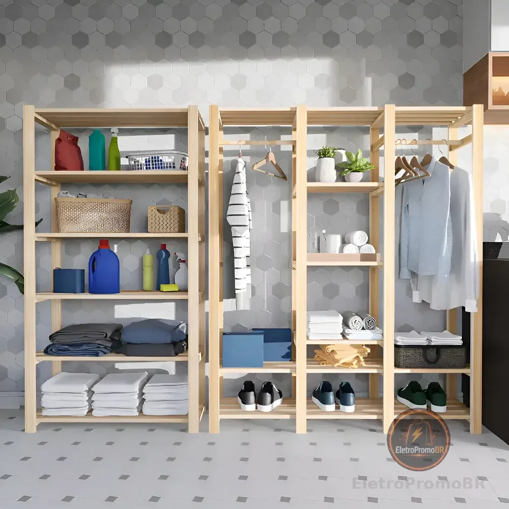 Kit Cabideiro Arara Sapateira E Estante Roupas Madeira Pinus