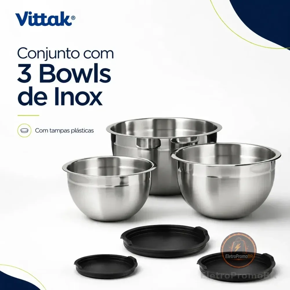 Vittak Conjunto 3 Bowls de Inox com Tampas Plásticas Utensílios de Cozinha Tamanhos Variados