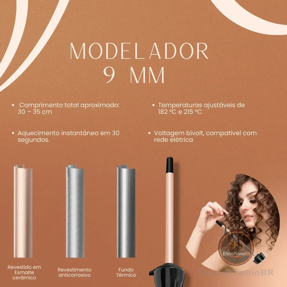 Hatteker Modelador de Barril Cerâmico 9mm Rose Cachos Definidos