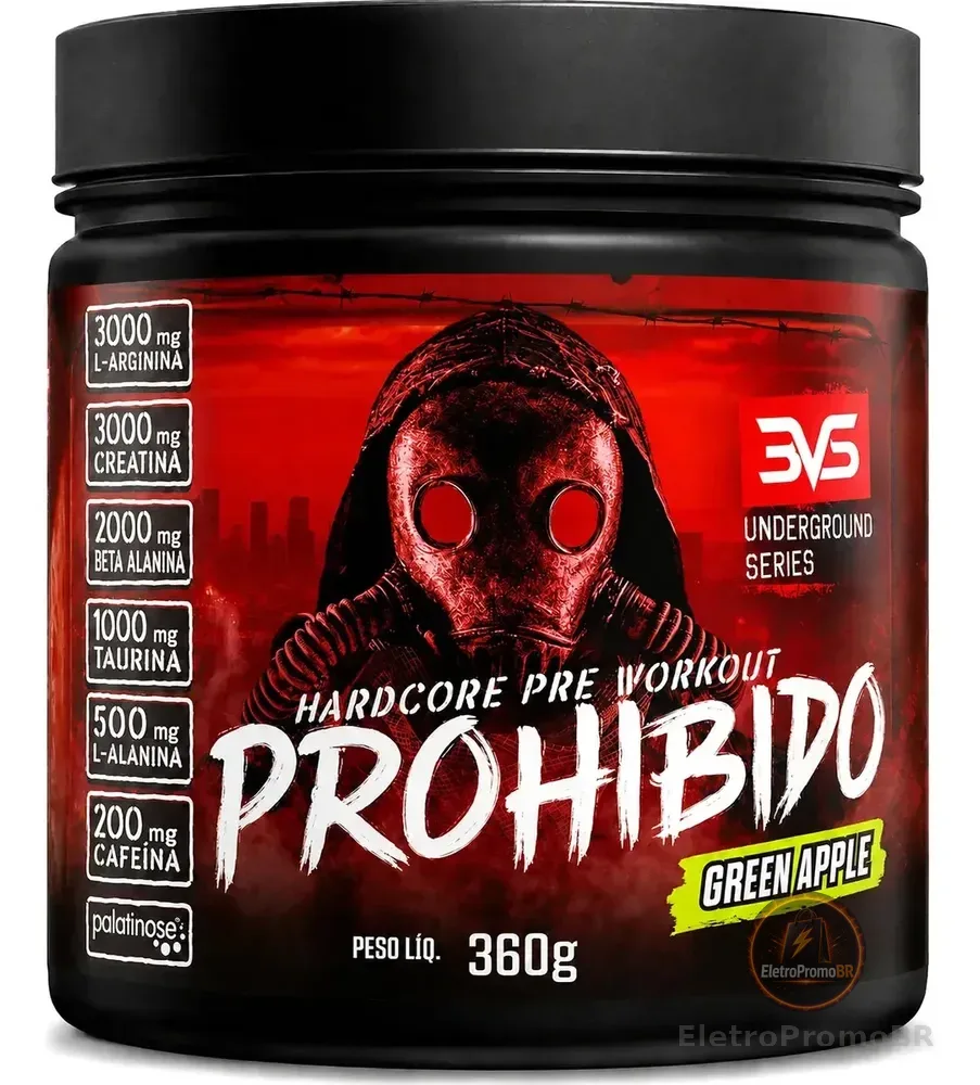 PROHIBIDO PRÉ TREINO 360g - Sabor Green Apple - A Combinação Perfeita de 8 Ingredientes que proporcionam energia do início ao fim do seu Treino