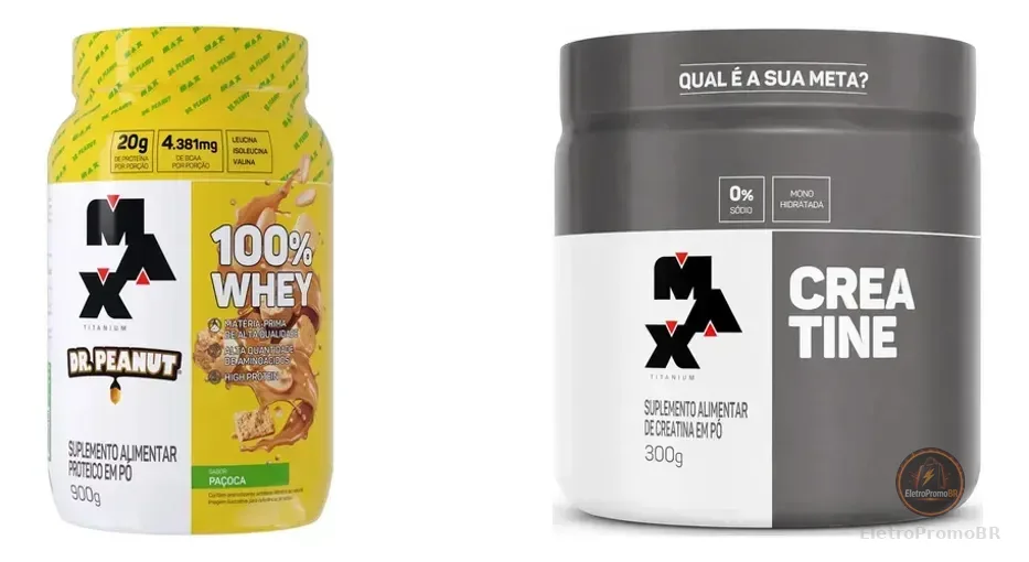 Kit Max Titanium: Whey Protein Sabor Paçoca 900g + Creatina Monohidratada 300g Sem Sabor
