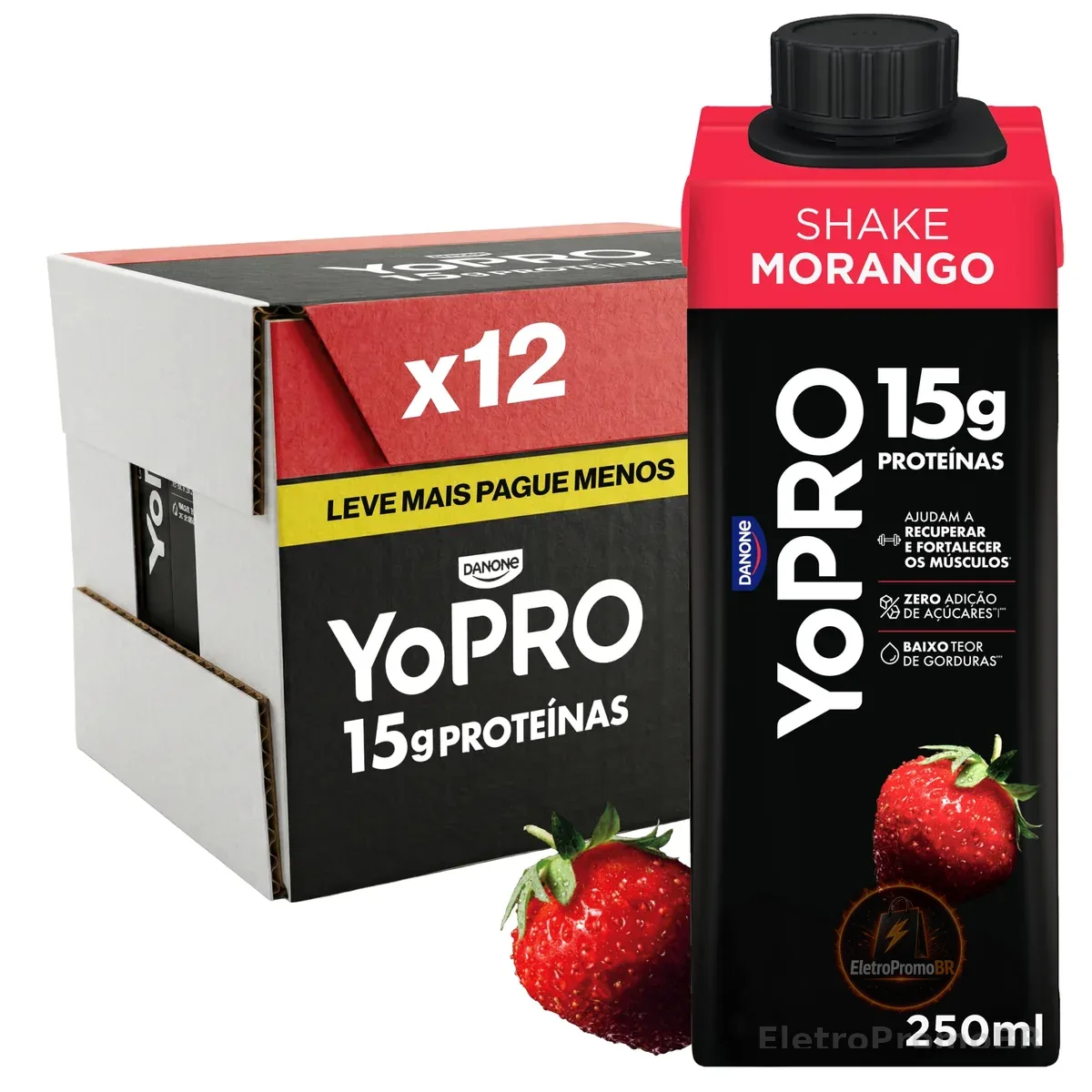 YoPRO Bebida Láctea UHT Morango – 15g de Proteínas, Líquido, Caixinha Tetra Pak 250ml (Pack com 12 unidades)