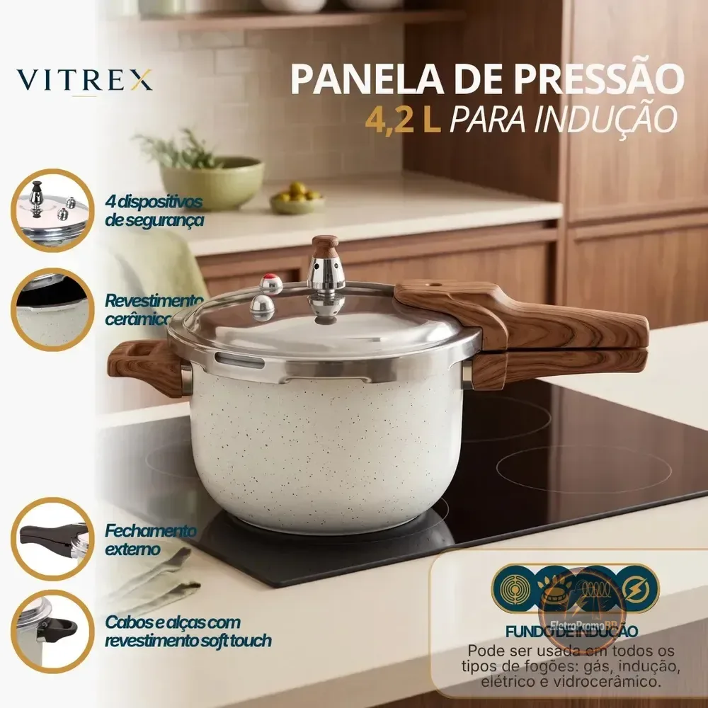 Panela De Pressão Indução 4,2L Revestimento Ceramico Antiaderente Com 4 Valvulas De Segurança Fechamento Externo, Cabos Soft Touch Vitrex Creme Granito