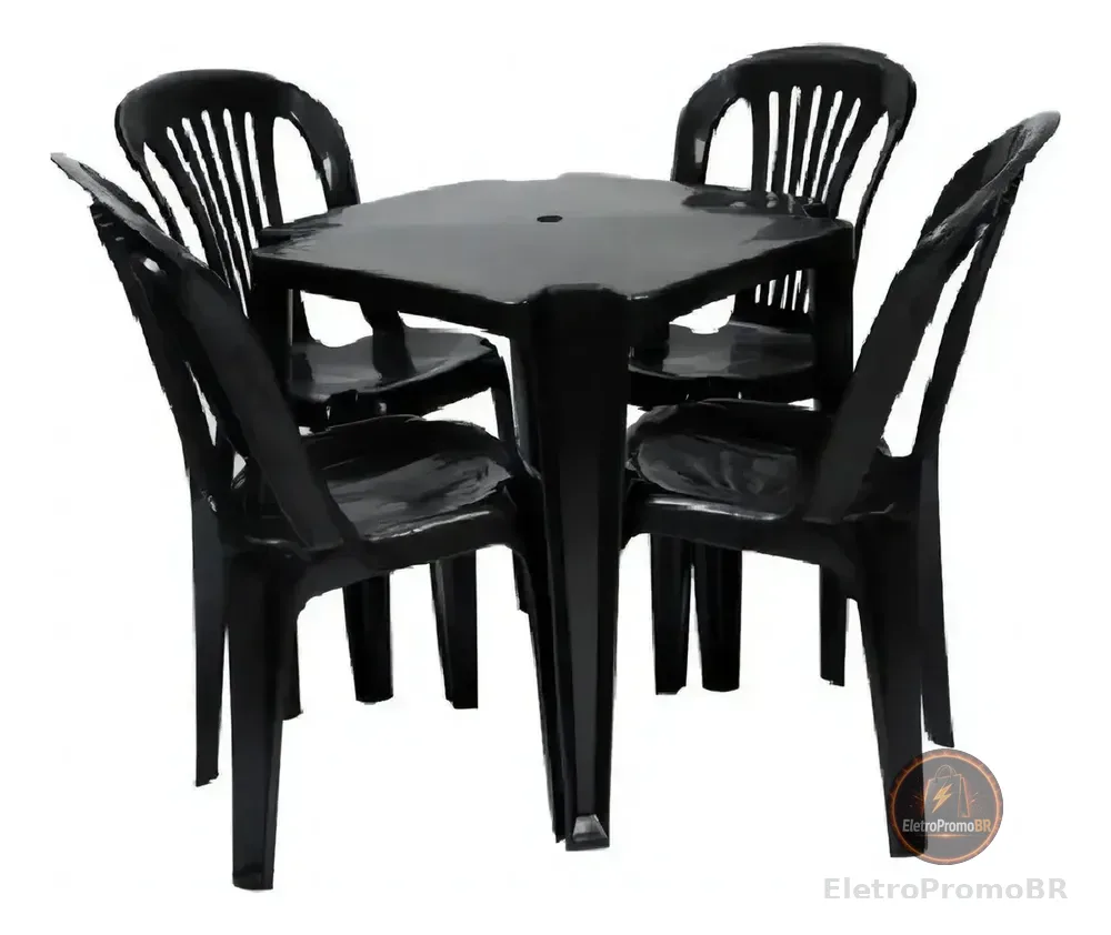 Jr Plasticos Kit Mesa Plástico Quadrada Preta com 4 Cadeiras Bistrô 70cm