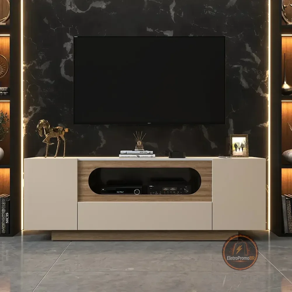Rack Para Tv Até 60 Polegadas Off White Amadeirado Nicho Curvo Design Moderno Sala De Estar