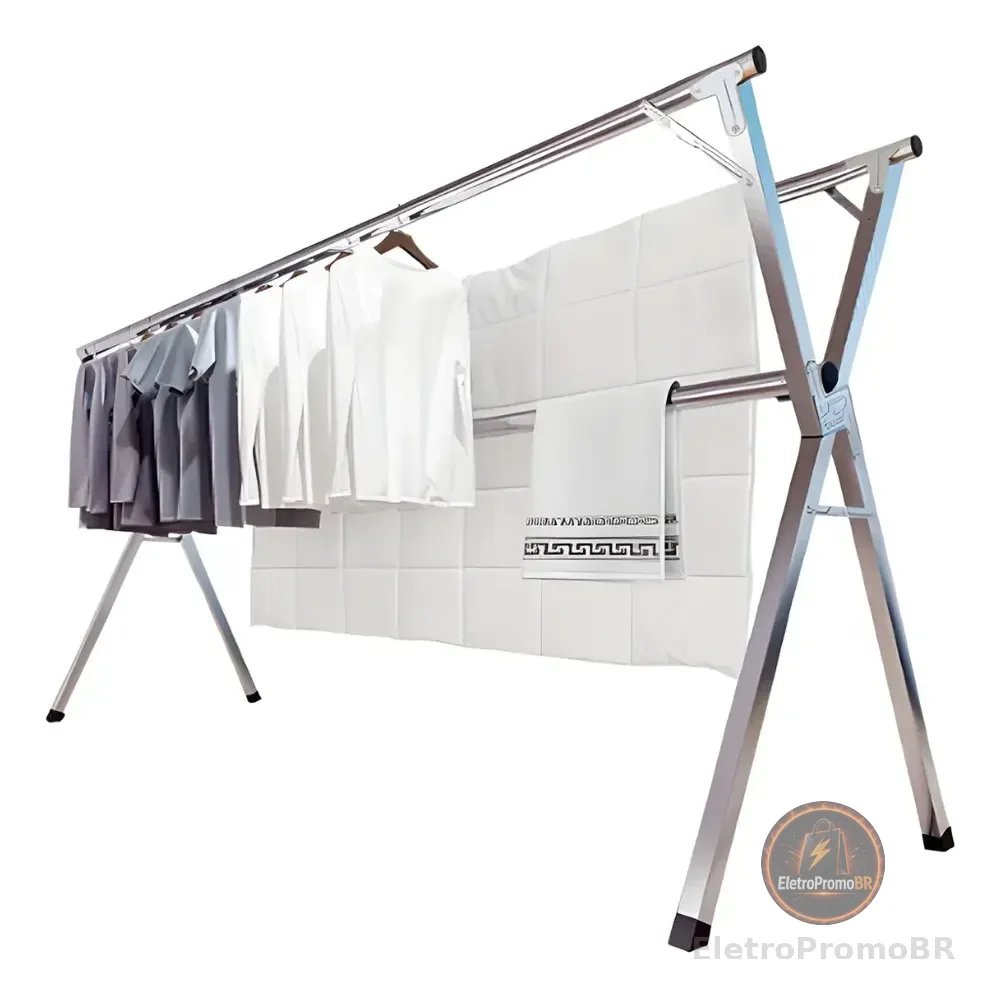 Varal De Roupa Grande De Chão Aço Inox Reforçado Retrátil Inox