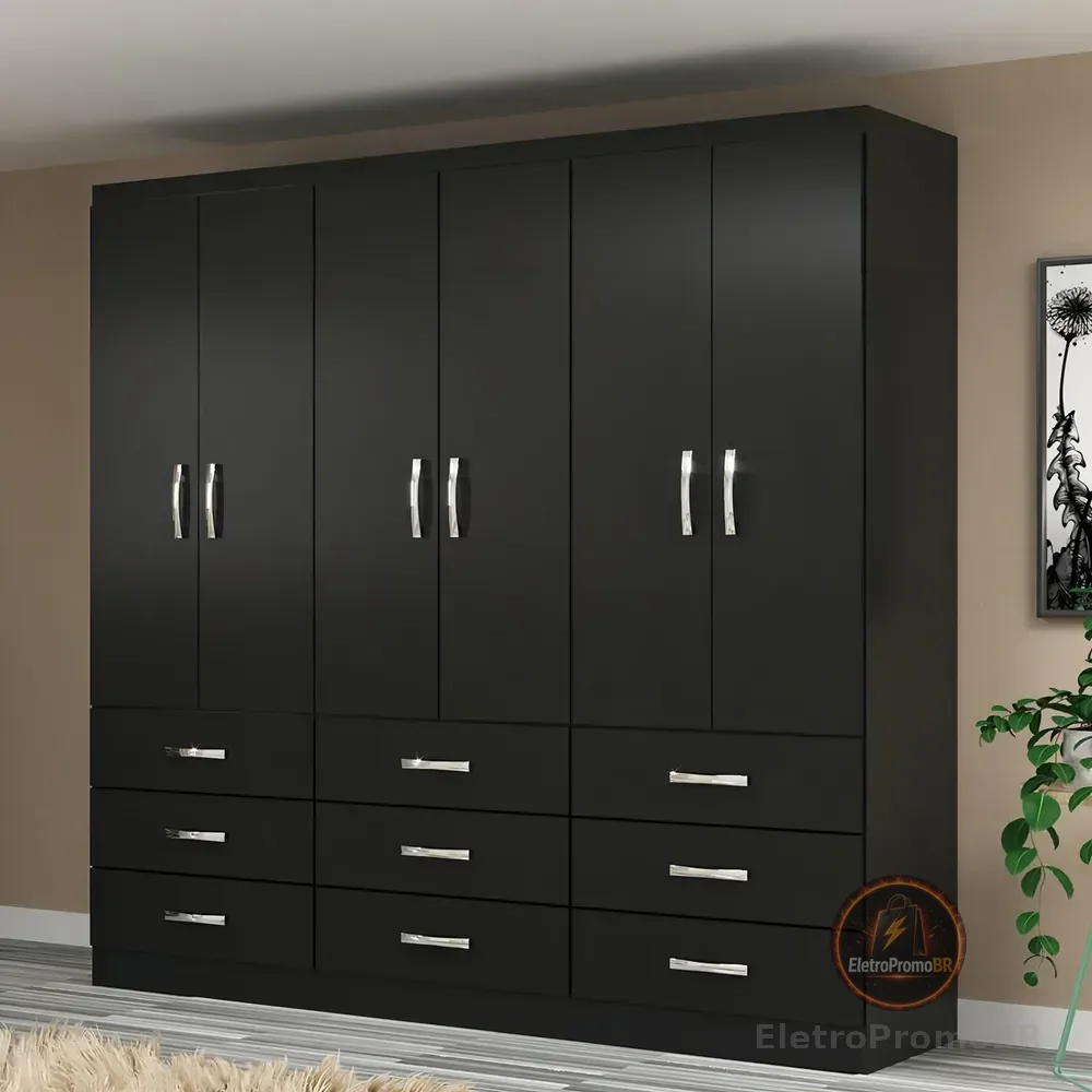 Guarda Roupa Casal 6 Portas 9 Gavetas Bergamo Evidência Cor Preto