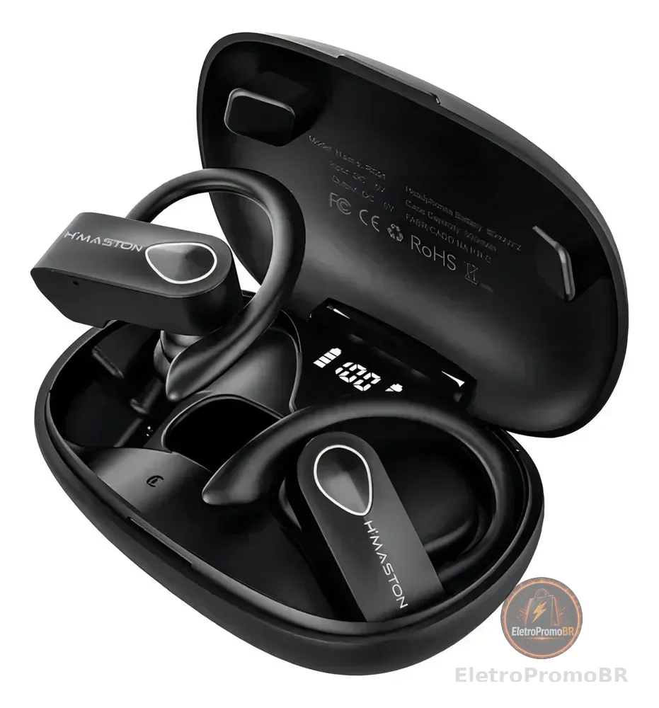 H'maston Fone Sem Fio Bluetooth Esportivo 5.3wireless Com Led Rs52 Preto