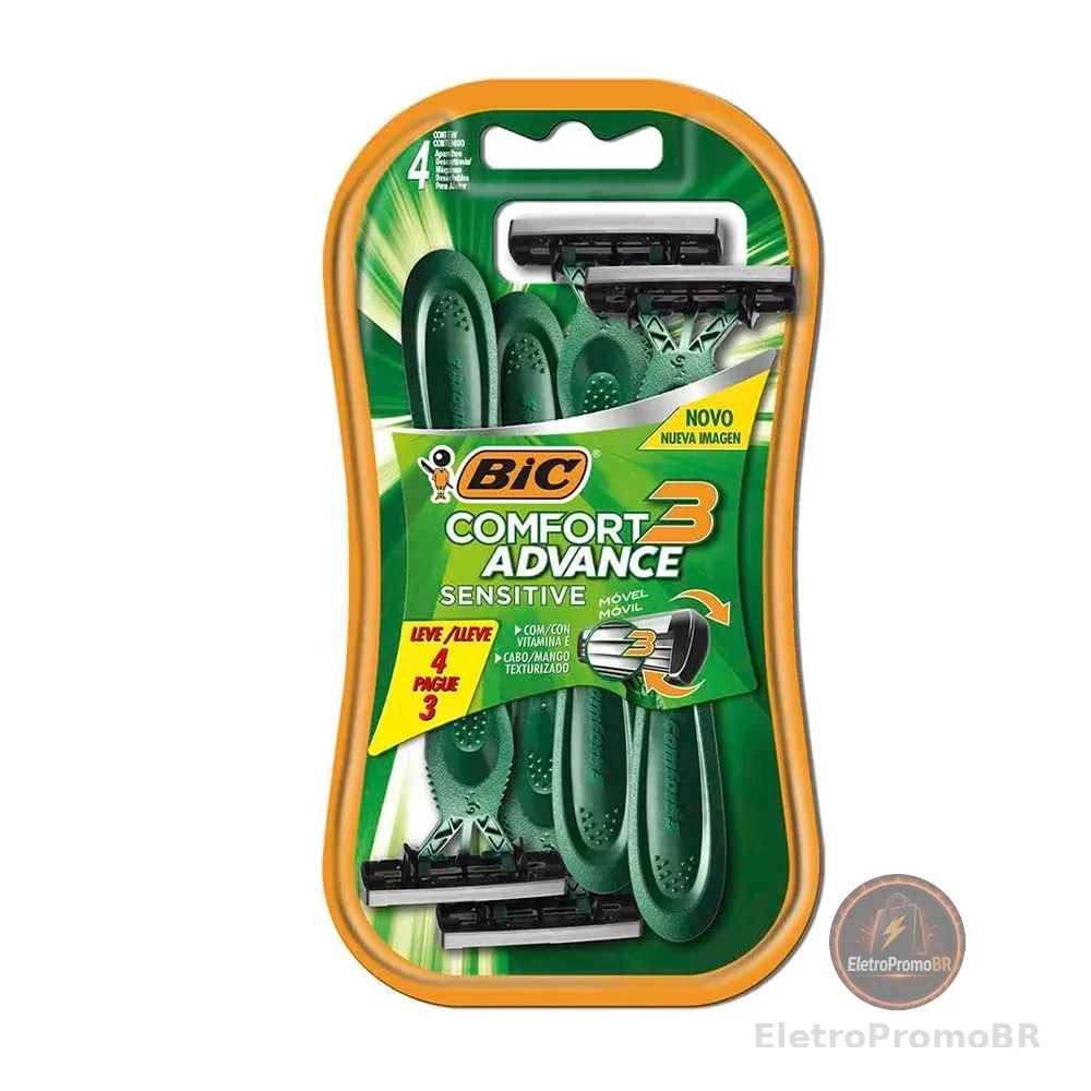 BIC Aparelho De Barbear Comfort 3 Advance Pele Sensível Verde C/ Fita Lubrificante 9298501 Embalagem Leve 4 Pague 3